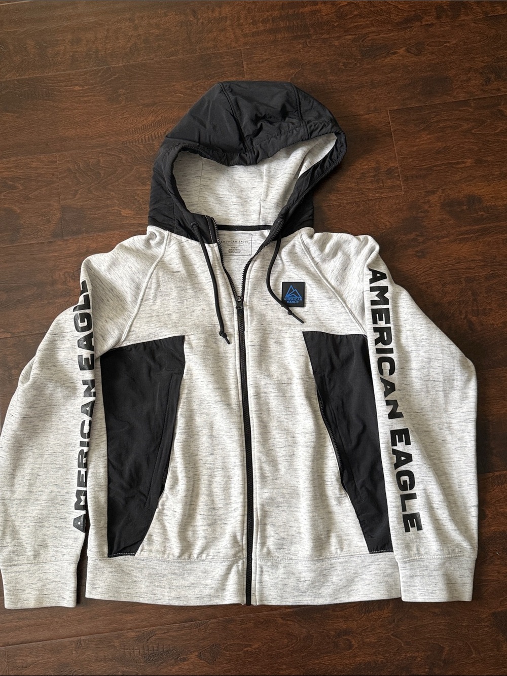 American Eagle Light Gray Zip Hoodie with Black Hood